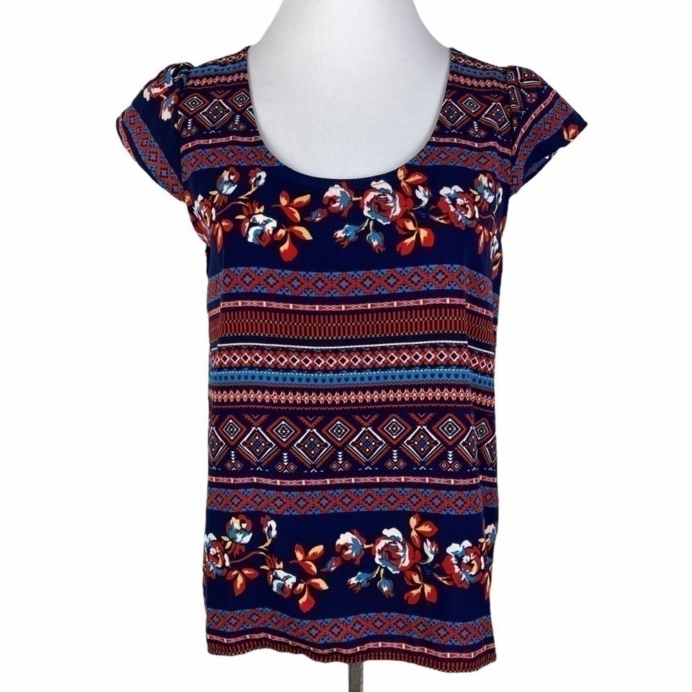 Pink Rose Women's Large Navy Red Boho Floral Striped High-Low Hem Blouse